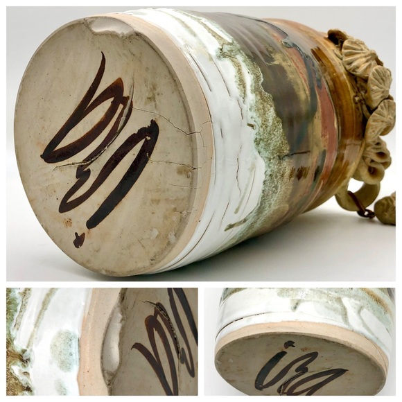 Large Pottery Crock Vase Hand Made Beads On Leather Dangle Applied Floral Relief - Picture 14 of 15